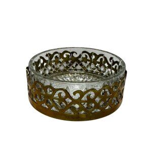 VTG Gold Tone Filigree Glass Jewelry Trinket Dish Decorative Brass Clear Storage